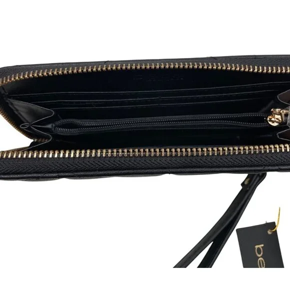 Bebe Black Quilted Wristlet Wallet With Gold Rhinestone Logo Zip Closure & Strap - Picture 7 of 11